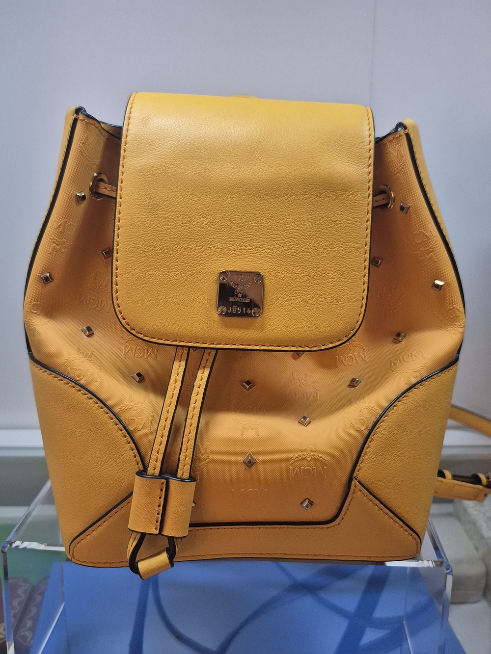 MCM Women's Claudia Studded Yellow Leather Drawstring Backpack